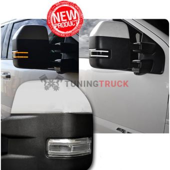 Ford 17-18 F250/F350/F450 Superduty Side Mirror Lenses (2-Piece Set) w/ AMBER LED Running Lights, AMBER Flashing LED Turn Signals & WHITE LED Spot Lights - Smoked Lens